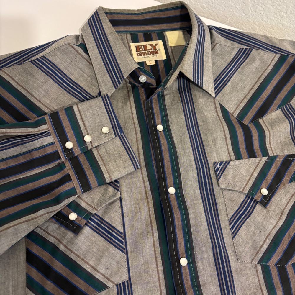 Ely Cattleman Western Yoke Pearl Snap Shirt Mens L Gray Striped Cowboy Rodeo